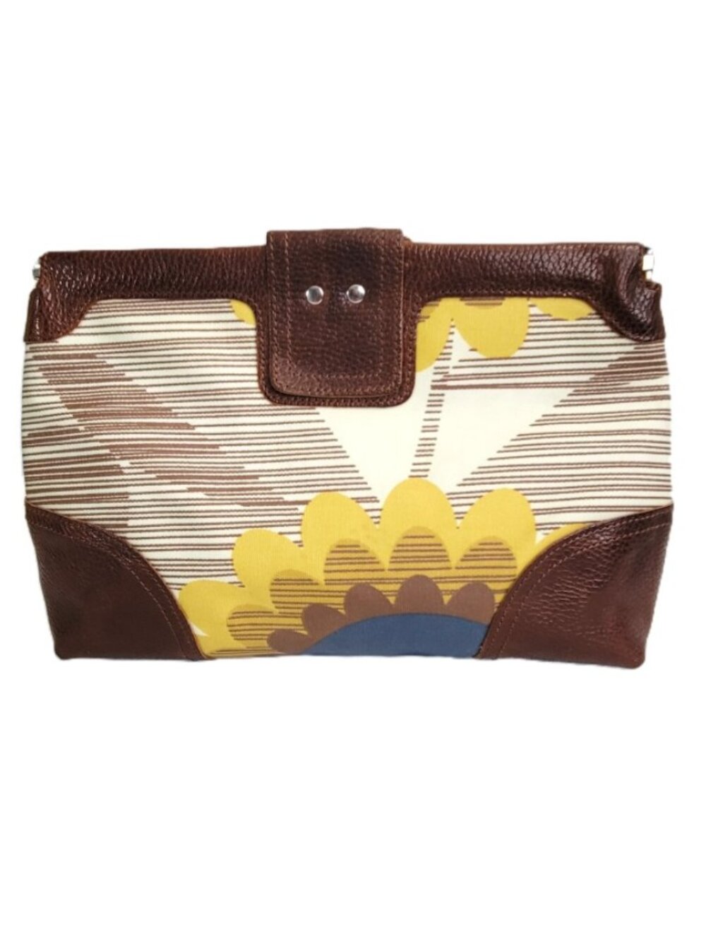 Orla Kiely Sunflower Multi-Flower Print Clutch Bag with Brown Leather Trim